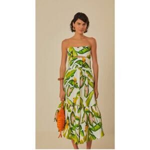 Farm Rio NEW Summer Foliage Off-White Strapless Linen Midi Dress, Small